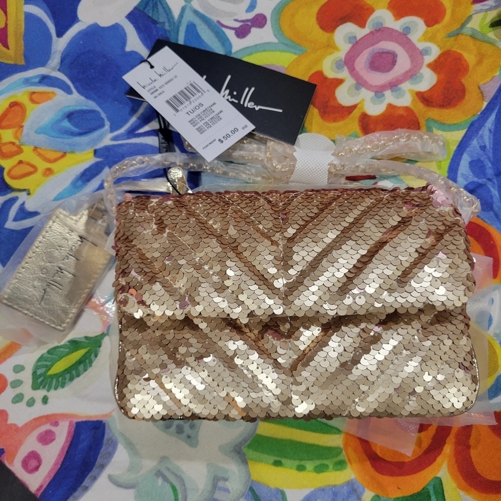 Nicole Miller Gold Sequin Chain Strap Small Crossbody Bag Purse
